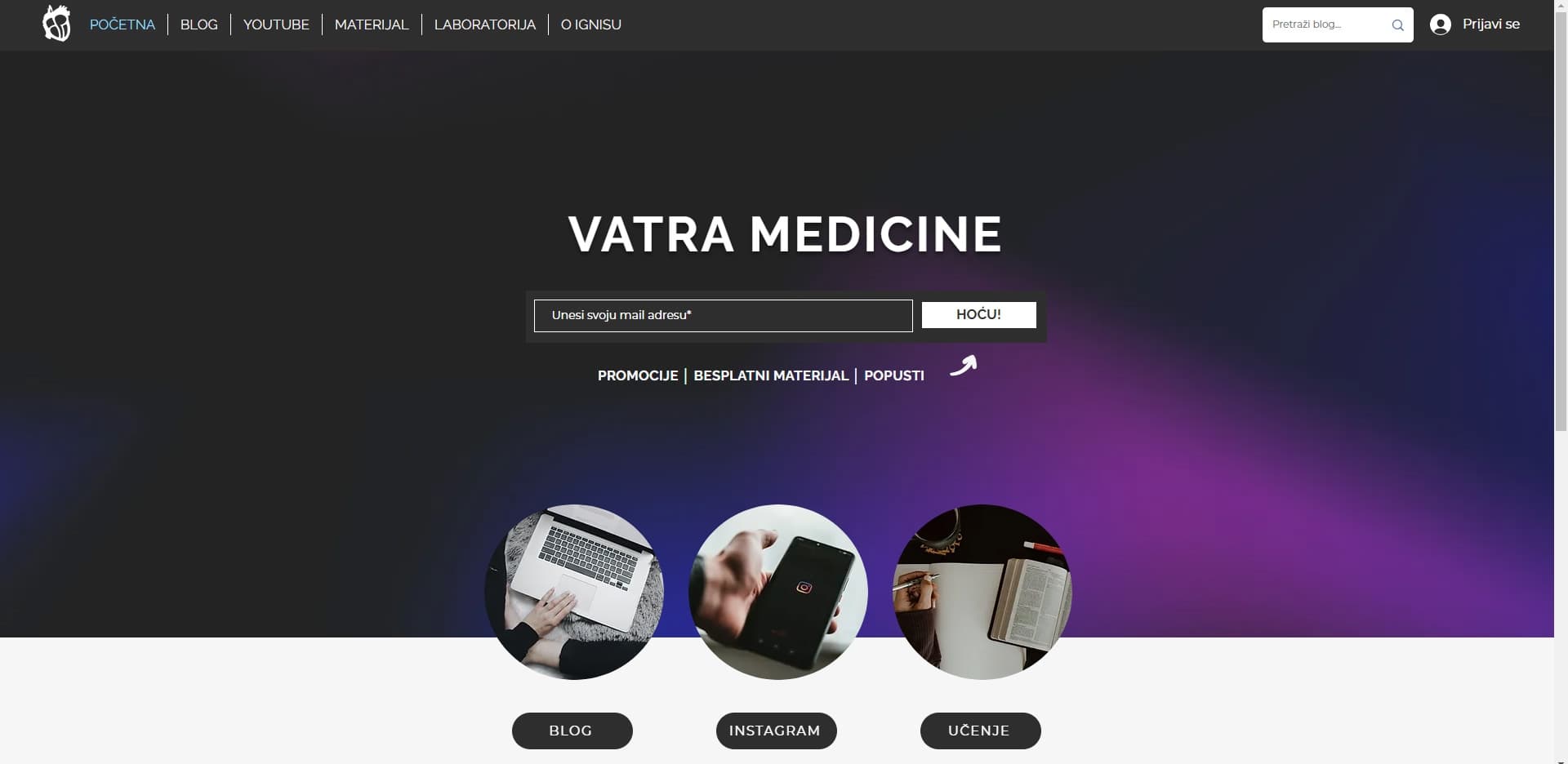 Prvobitna početna stranica sajta Vatra Medicine